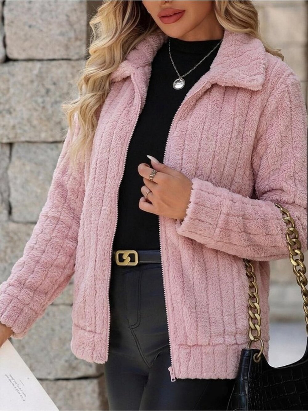 Women's Pink Red Full Zip Stand Collar Fleece Sherpa Pockets long sleeve Jacket - Picture 4 of 6